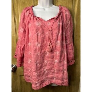 Ali Miles Linen Pink Tunic Top Boho Embroidered Tassels Art To Wear Size Small
